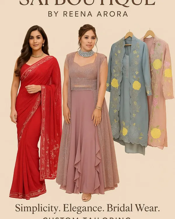 Simplicity, Elegance, Bridal Wear. A promotional poster showcasing the variety of custom tailoring I offer, from sarees and gowns to jacket-style suits.