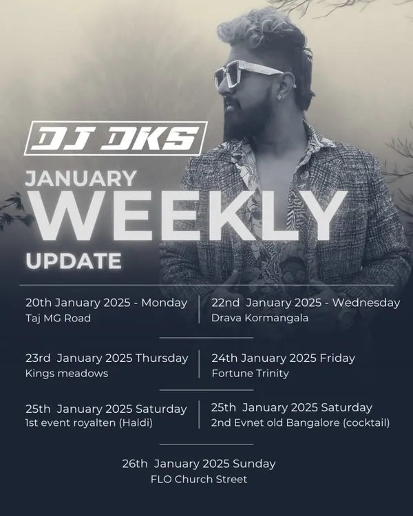 My weekly schedule for a busy week in January 2025. I performed at venues like Taj MG Road, Drava Koramangala, and handled both Haldi and cocktail events.