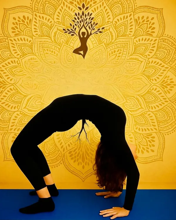 This is the Wheel Pose, or Chakrasana, a deep backbend that opens the heart and builds strength in the entire body. For me, yoga is a lifestyle of continuous growth and opening up, and this pose beautifully represents that journey.