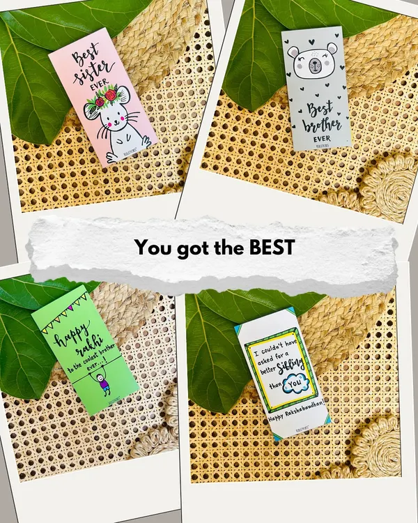 You got the best. Our Rakhi special collection includes these cute fridge magnets and wooden Rakhi threads that double as magnets. With hand-doodled animals and relatable messages, they are sure to make your sibling smile.
