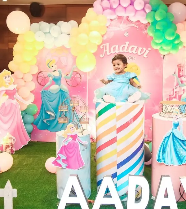 A fairytale first birthday comes to life with this grand Disney Princess theme. We created a magical castle setting with custom backdrops, character cutouts of Cinderella and Sleeping Beauty, and a cascade of pastel balloons, making the birthday girl the star of her own royal celebration.