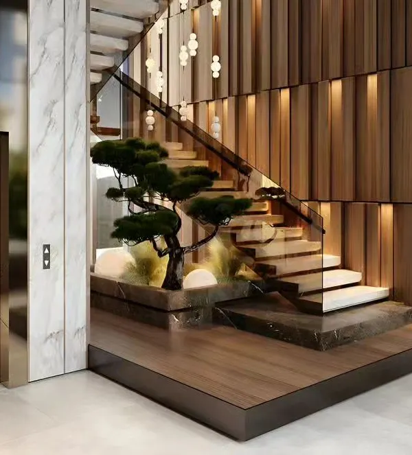 A stunning staircase design featuring a built-in planter for a bonsai tree. The combination of marble, wood, and dramatic lighting turns this functional element into a work of art.