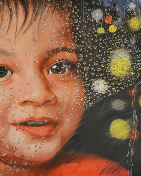 The finished color version of the 'Dewdrops' portrait. My focus was on capturing the child's curious gaze as they look through the rain-streaked window, with the city lights creating a soft, colorful bokeh effect in the background.
