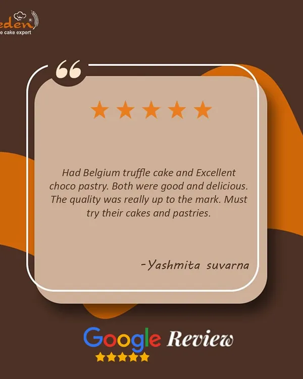A wonderful 5-star review from Yashmita, who loved our Belgium truffle cake and excellent choco pastry. We're so glad the quality was up to the mark.