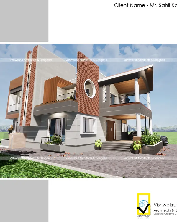 A 3D render showing the completed elevation design for a modern bungalow in Lodhivali, Panvel. The facade combines different textures like stone cladding and wooden louvers to create a dynamic and contemporary look.