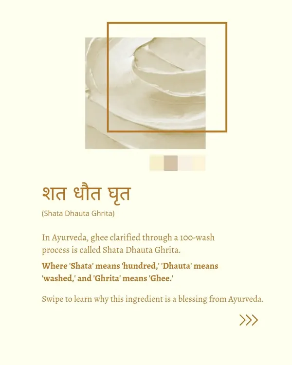 This graphic explains the meaning of Shata Dhauta Ghrita, or 100-times washed ghee, a key ingredient in my creams for its enhanced therapeutic properties.