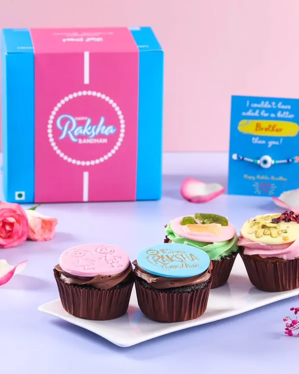 Our Rakshabandhan cupcake box is a sweet way to celebrate. It comes with four delicious cupcakes and a beautiful rakhi for your brother.