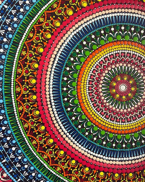 This 24-inch dot mandala is a piece of my heart, created with thousands of tiny, mindful dots. It shows the incredible depth and vibrancy we can achieve with patience and simple tools, a style I love teaching in my advanced workshops.