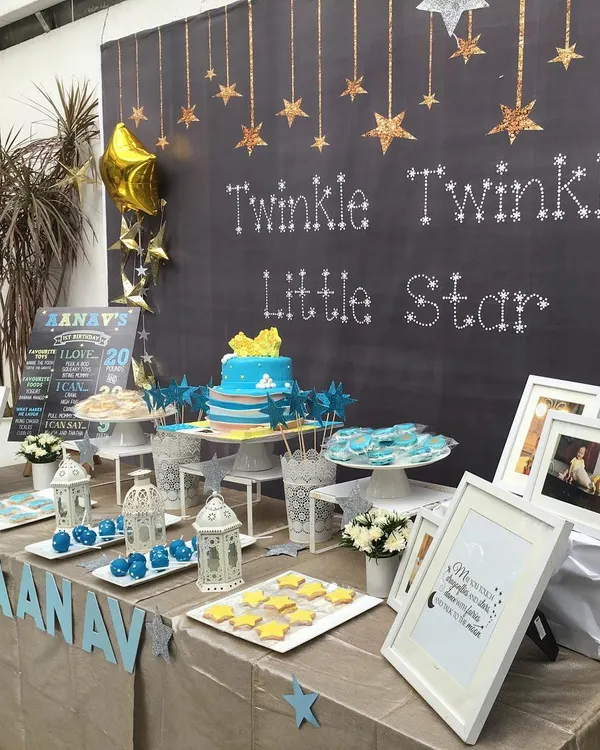 The dessert table for a "Twinkle Twinkle Little Star" themed party. I used a chalkboard backdrop, star-shaped cookies, and themed signage to bring the nursery rhyme to life.