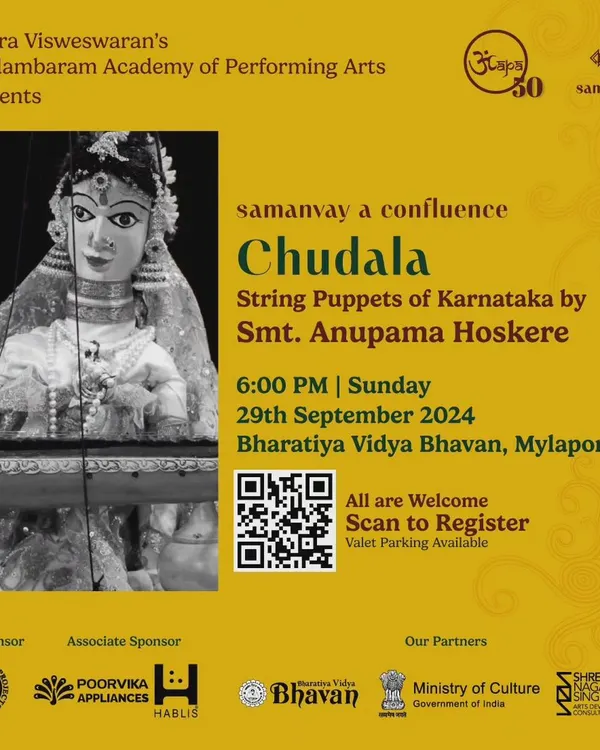 An invitation to our special string puppet show 'Chudala', a profound story from the Yogavasishta about wisdom, harmony, and self-realization.