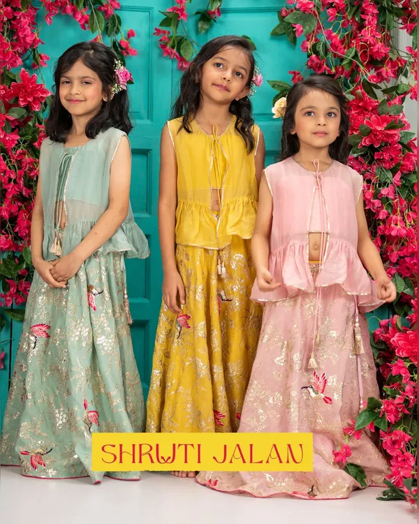 I believe every celebration is a chance for your little ones to shine. I designed these matching lehenga sets in soft pastel green, mustard yellow, and blush pink, using comfortable Chanderi fabric so they can play and smile all day long.