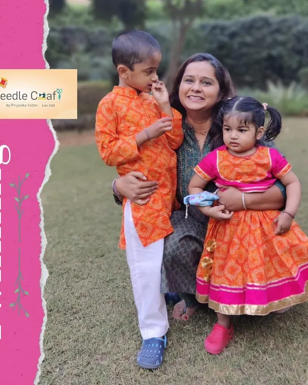 This brother-sister ethnic set was designed for a festive celebration. The boy's vibrant orange bandhani print kurta perfectly complements his sister's matching lehenga, creating a bright and joyful look.