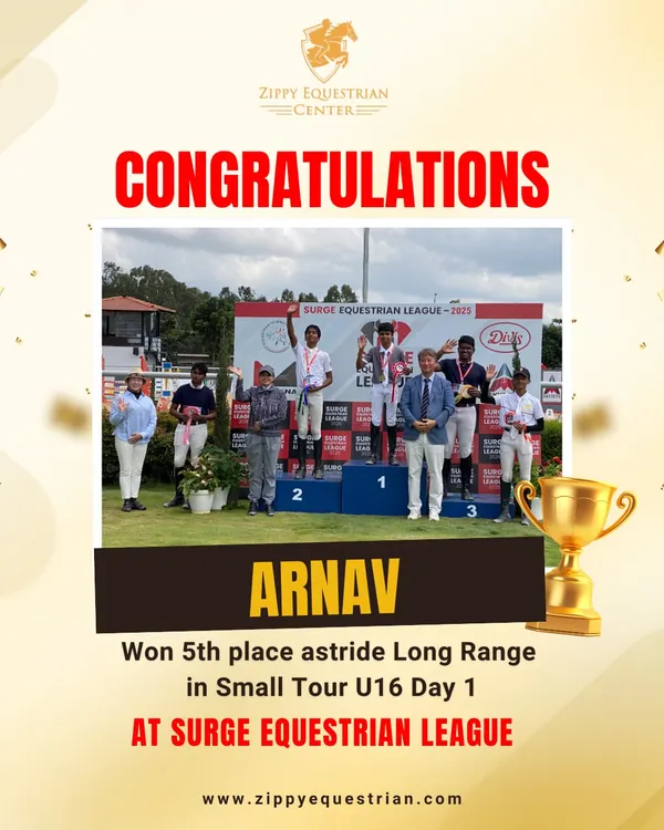 A big congratulations to Arnav for securing 5th place in the Small Tour U16 at the Surge Equestrian League. His hard work and passion for the sport shine bright in every competition.