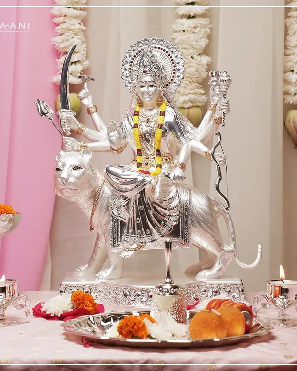 Embrace the divine with this Pure Silver Mata Rani Moorti. A symbol of purity, strength, and devotion, this exquisite piece from the Devaarya Collection radiates timeless grace and brings spiritual serenity into your home.