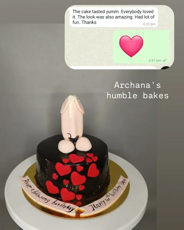 A naughty-themed cake for a bachelor party. The client's review shows it was a fun and delicious addition to their celebration.