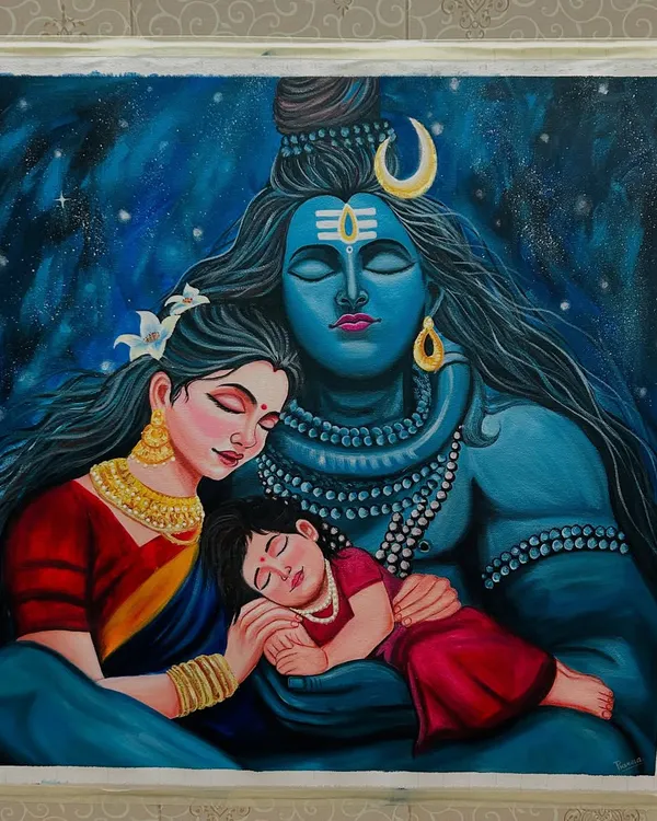 This painting of the Shiv Parivar is one of my most cherished creations. I used acrylics on a large 24x24 inch canvas to capture the serene and loving energy of Lord Shiva, Maa Parvati, and their child. It's a piece meant to bring a sense of completeness and peace to your home.