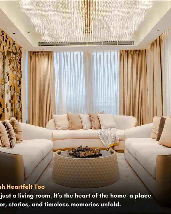 This is what I call creating a lifestyle, not just a living room. We designed this space to feel grand and heartfelt, using a mix of gold accents, plush cream fabrics, and a stunning crystal chandelier to create an unforgettable experience. It’s all about that perfect balance of luxury and warmth.