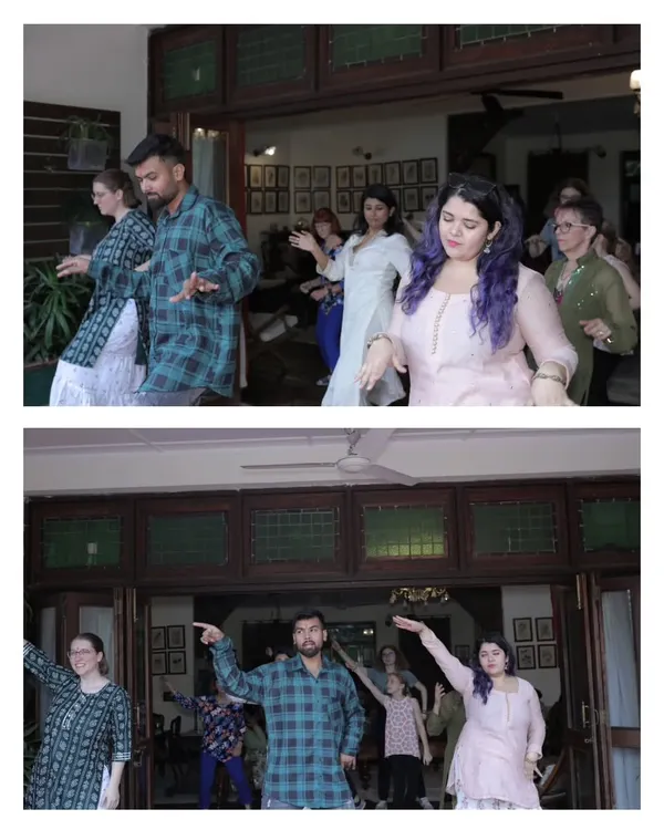 A shot from the final rehearsal with the bride and groom's friends at a destination wedding in Dehradun. We make sure everyone is confident and ready before they hit the stage.