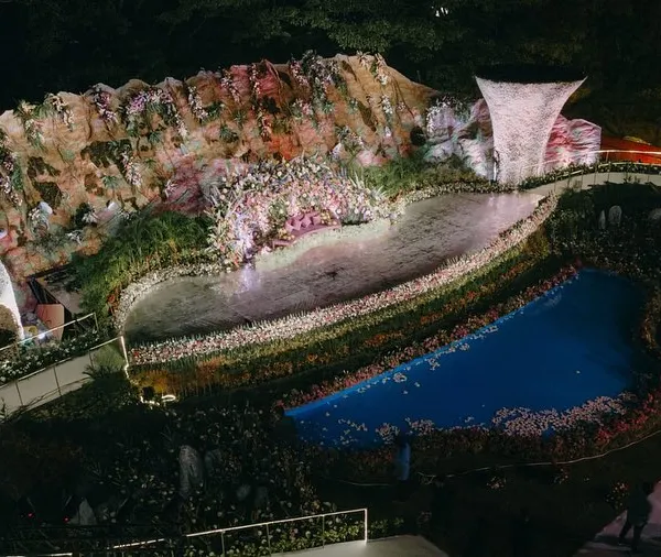 This is what I mean when I say we build worlds, not just stages. For this reception, we created an entire landscape featuring a mountain backdrop, a gigantic fountain, and a serene water body, all for a single stage setup. When someone says "yeh toh impossible hai," my real work begins.