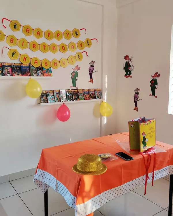 A Geronimo Stilton themed birthday setup! I love decorating the studio to match any theme and make the celebration extra special.