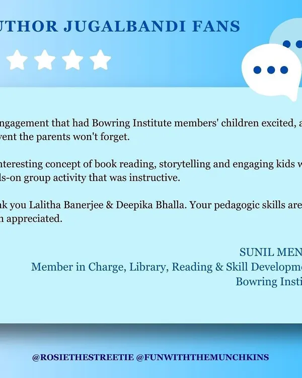 We received this wonderful review from the Bowring Institute, praising our "Author Jugalbandi" event for being an interesting and instructive session that both kids and parents enjoyed.