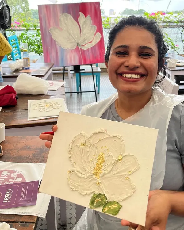 This is the smile I live for. The moment someone who was nervous to even hold a brush creates something they are truly proud of. This is what my texture art workshops are all about: finding your inner artist and having fun with it.
