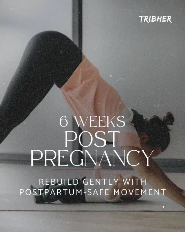 The 6-week checkup doesn't mean you are fully recovered. This image, showing a gentle downward dog, reminds us to rebuild gently with postpartum safe movement and to be patient with our bodies.