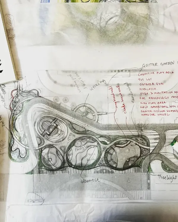 The journey of every great landscape begins with a sketch. Here, we map out concepts for circulation, amenities, and planting zones on tracing paper, laying the foundation for the design.