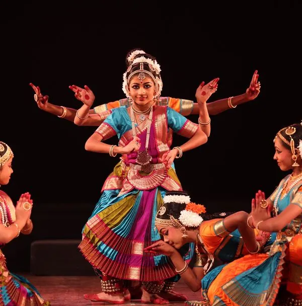 This moment captures the essence of our group performances, where senior and junior students share the stage. It reflects the unity and storytelling that is at the heart of Bharatanatyam.