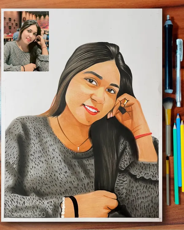 This A3 size colored pencil portrait captures a relaxed and happy pose. I focused on the texture of her sweater and the warmth in her smile to create a lifelike drawing.