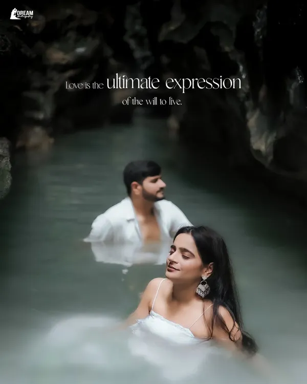 An ethereal and romantic shot of the couple in the calm waters of Robber's Cave in Dehradun. The soft light and serene expressions make this a truly magical portrait.