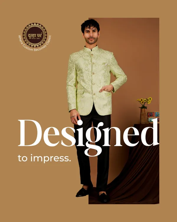 Designed to impress. This lime green brocade Bandhgala jacket paired with black trousers is a fresh and modern choice for any festive occasion.