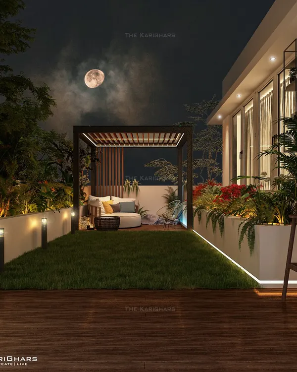 This rooftop gazebo is designed for magical nights under the moon. With softly lit pathways, a comfortable lounge area, and lush tropical landscaping, we've created a private escape that feels worlds away from the city bustle.