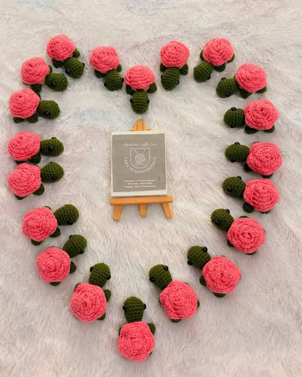 So many little rose-shelled turtles. I made this large batch of amigurumi turtle keychains for a custom order. They are arranged in a heart to show how much love goes into making them.