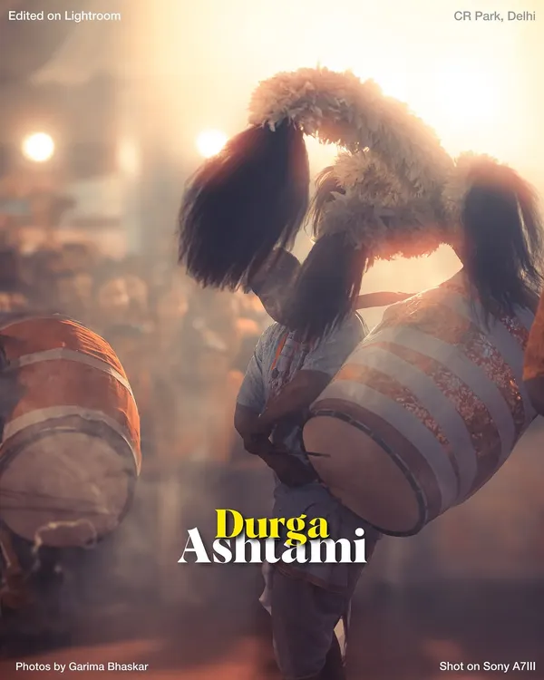 The energy of Durga Ashtami in CR Park, Delhi. This shot of the Dhunuchi dance, with the dhakis playing the drums, captures the spiritual fervor and rhythmic heart of the celebration.