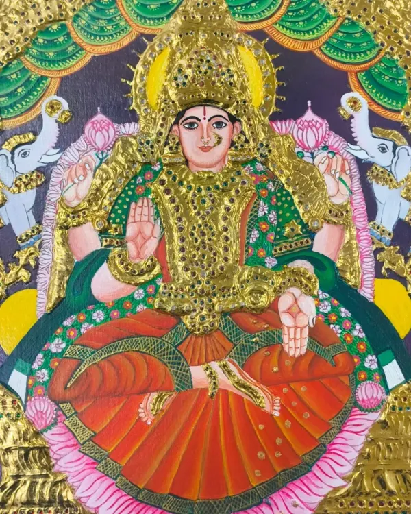 This stunning Tanjore painting of Goddess Lakshmi, adorned with 24K gold foil and shimmering stones, is a beautiful example of the traditional art forms you can master at our studio. We guide you through every step to create a divine masterpiece.