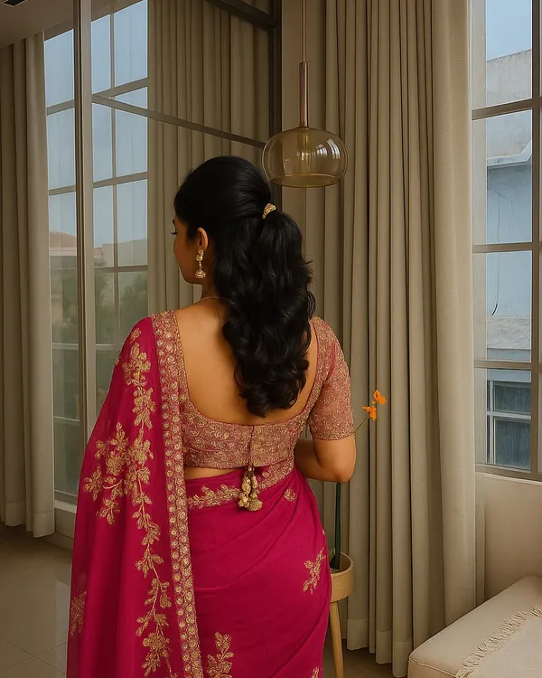 This elegant half-up ponytail with soft curls is a timeless choice. It’s a versatile style that works beautifully with a saree or a lehenga, perfect for an engagement or reception.