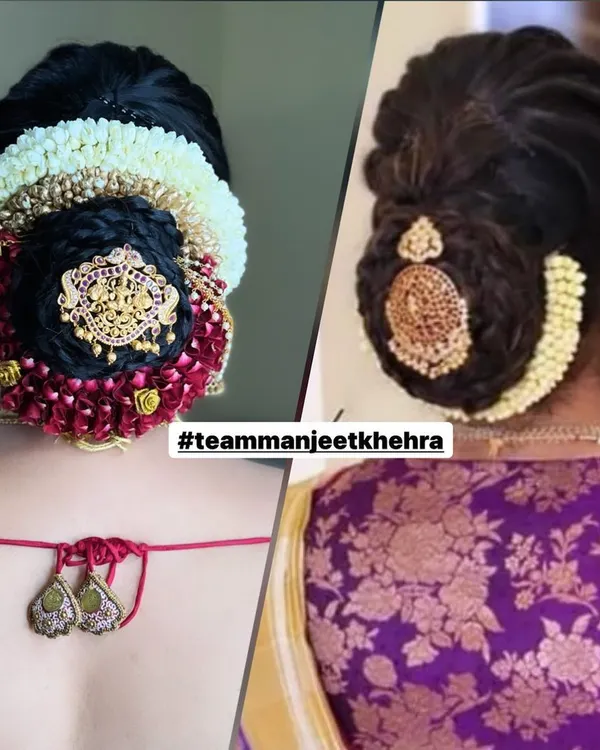 A side-by-side comparison showing a reference photo and my recreation of a beautiful South Indian low bun, complete with traditional hair accessories and fresh jasmine flowers.