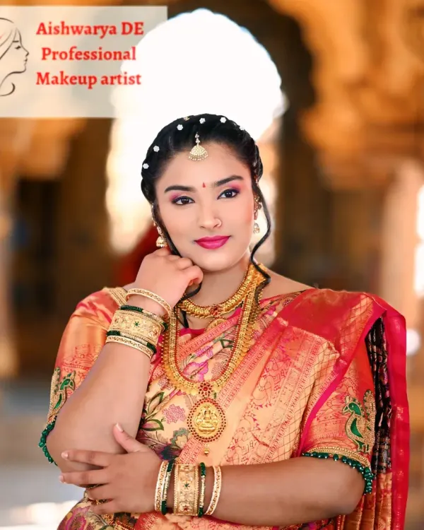 A classic South Indian muhurtham look featuring a radiant bride in a traditional Kanchipuram silk saree. I focused on creating flawless skin, defining the eyes with kohl, and pairing it with a bold pink lip and authentic temple jewellery.