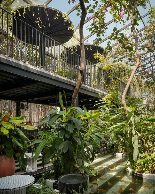 This multi-level view showcases the verticality of the garden design, with plants cascading from the upper balcony. A shallow water body with koi fish runs alongside the seating area, adding a sensory layer of sound and movement to the biophilic experience.