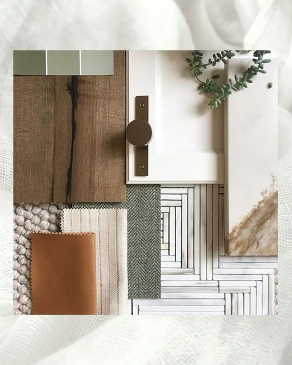A mood board that captures the essence of our organic luxury style. It combines natural wood, earthy green and brown fabrics, textured tiles, and brushed metal hardware to create a palette that is both timeless and warm.