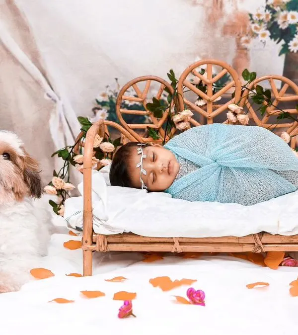 A perfectly behaved duo. This studio shot features a swaddled newborn sleeping on a miniature bed while the family's Shih Tzu sits patiently beside them.