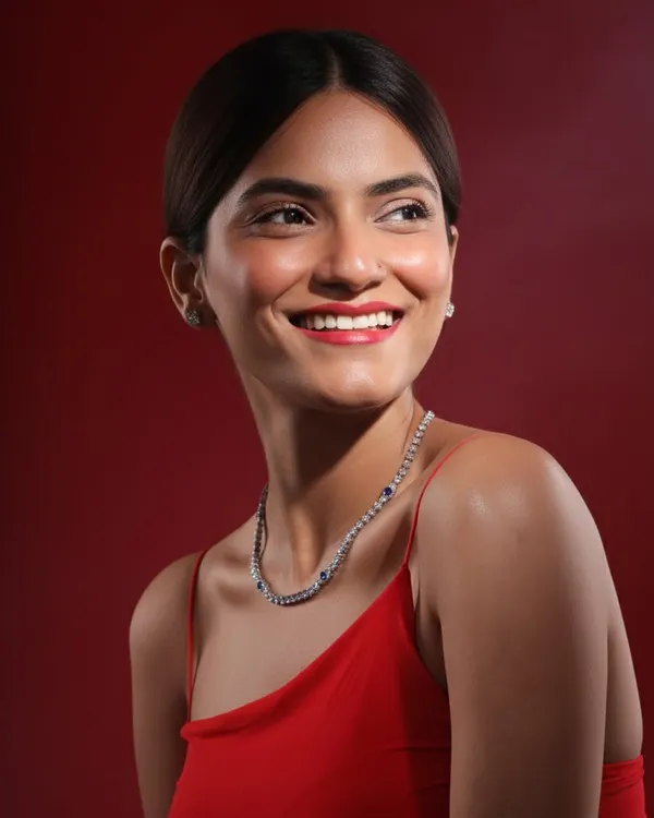 A radiant smile complemented by a delicate diamond and sapphire necklace. This lifestyle jewelry shot against a rich red background focuses on how the piece looks and feels when worn.