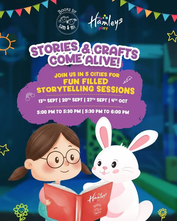 Stories and crafts come alive here! This poster announces our fun-filled storytelling sessions in five cities, where kids can listen to tales and make their own DIY buntings.