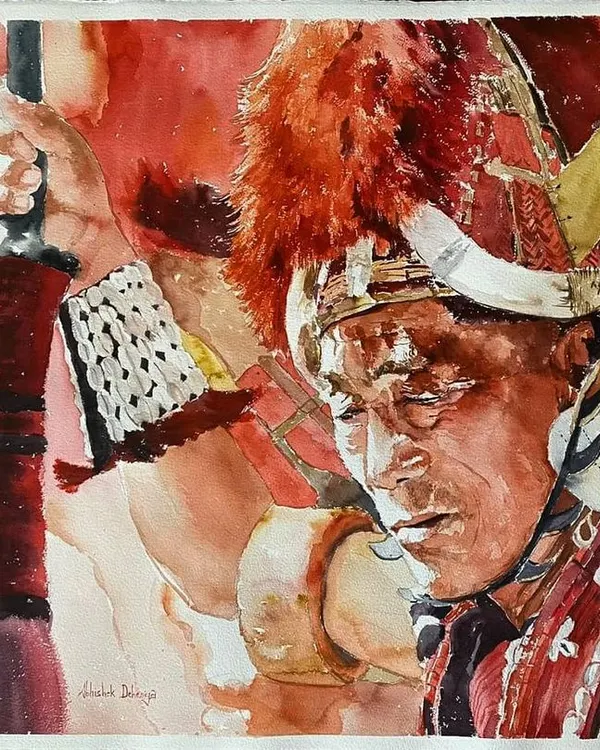 Fresh from the easel, this watercolor on Arches paper captures a Naga warrior in a moment of quiet reflection. I focused on the fine details of the traditional headdress and the expressive look on his face.