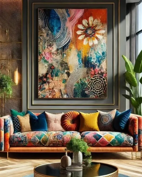 Add a burst of joy to your home with the "Dopamine Decor" trend. This living room setup features a vibrant, maximalist painting that energizes the space, paired with colorful furnishings to create a happy haven.