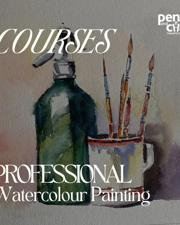 Our professional watercolor courses are designed to build a strong foundation. This still life of brushes and a soda bottle showcases the beautiful, transparent effects you can achieve with this medium.