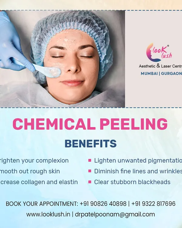 This graphic clearly lists the benefits of a chemical peel. It can brighten your complexion, smooth rough skin, increase collagen, lighten pigmentation, diminish fine lines, and clear stubborn blackheads. It is a versatile treatment for overall skin improvement.