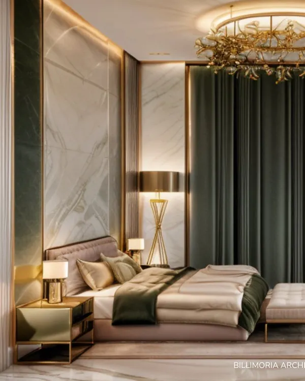 This master bedroom exudes opulence with its floor-to-ceiling marble and gold-trimmed wall panels. We used a statement chandelier and heavy velvet curtains to create a sense of drama and luxury, while the soft bedding ensures comfort.