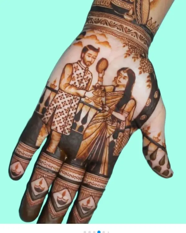 A beautiful Karwa Chauth design showing the wife looking at her husband through a sieve. I can create custom portraits to make your festival mehandi truly one of a kind.